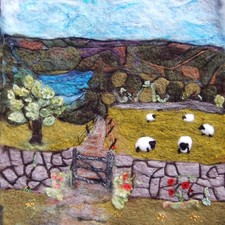 Feltro ad ago e ricamo - Paesaggio con pecore