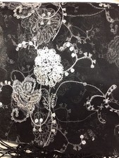 BLACK SHEER SILVER EMBROIDERED SEQUENCES TASSELS SHAWL SCARF 63  X 23  