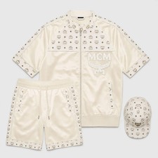 Men's Off White MCM Leather Tracksuit Set Jacket Shorts Cap 3 Piece Outfit