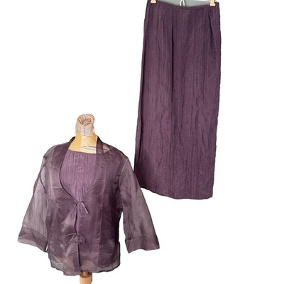 J Jill 100% Silk Maxi Skirt Set Sz 10 Purple Minimalist Y2K Cottage Bed Jacket