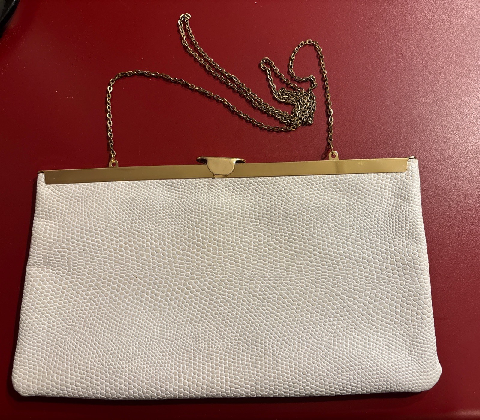 Vintage Etra Genuine Leather Clutch Purse White Gold Frame Chain Evening Bag