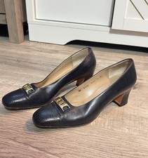 Salvatore Ferragamo Pumps Sz 9 Leather Block Heel Gold Bit Chunky Italy