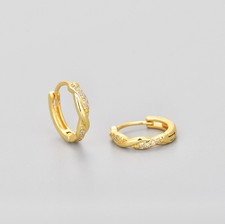 Gold Plated Silver Geometric Twist CZ Small Huggie Hoop Earrings 10mm Gift PE27