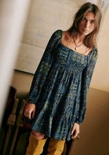 NWOT $195 Sézane Joyce Silk Blend Boho Baby Doll Dress - Arizona Blue - Sz US 6