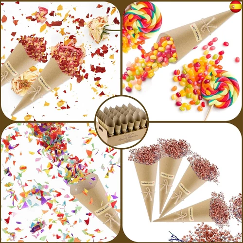 VORHOT 60 Piezas Conos Arroz Boda, Soporte Cucuruchos de Papel Kraft con 2 - Imagen 4 de 7