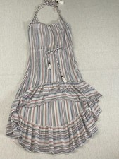 Blue Island Halter Midi Dress Womens XS Multicolor Striped Tassel Tie Ruffle Hem