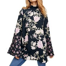 Free People Floral Tate Tunic Mini Dress Sz M Midnight Navy Pink Boho Open Back