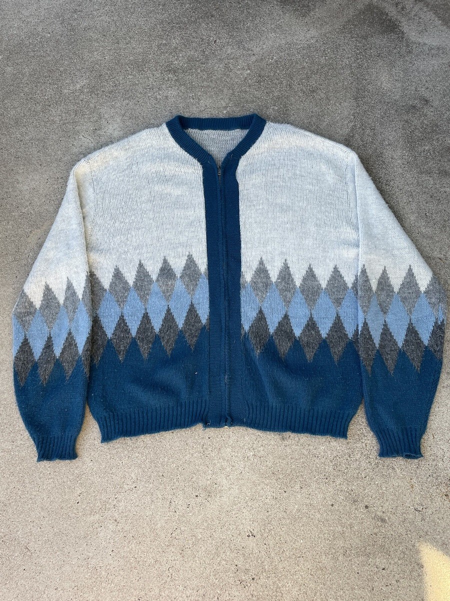Vintage 60's Mohair Blend Blue White Argyle Zip Up Cardigan