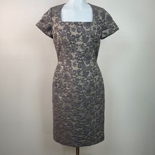 Banana Republic Sheath Dress 2 Gray Beige Brocade Square Neck Cocktail