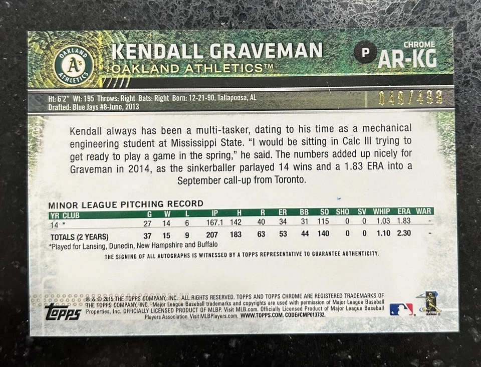 2015 Topps Chrome Kendall Graveman Rookie Refractor Auto 049/499 #AR-KG  A's RC - Image 2 of 2