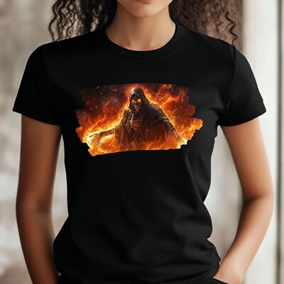 Frauen T-Shirt Sensenmann in Flammen Motiv Baumwolle Größe S bis 3XL