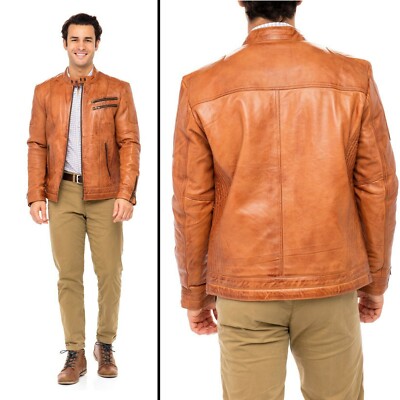 Cafe Racer Biker Leather Jacket Camel Soft Sheepskin Motorcycle Leather