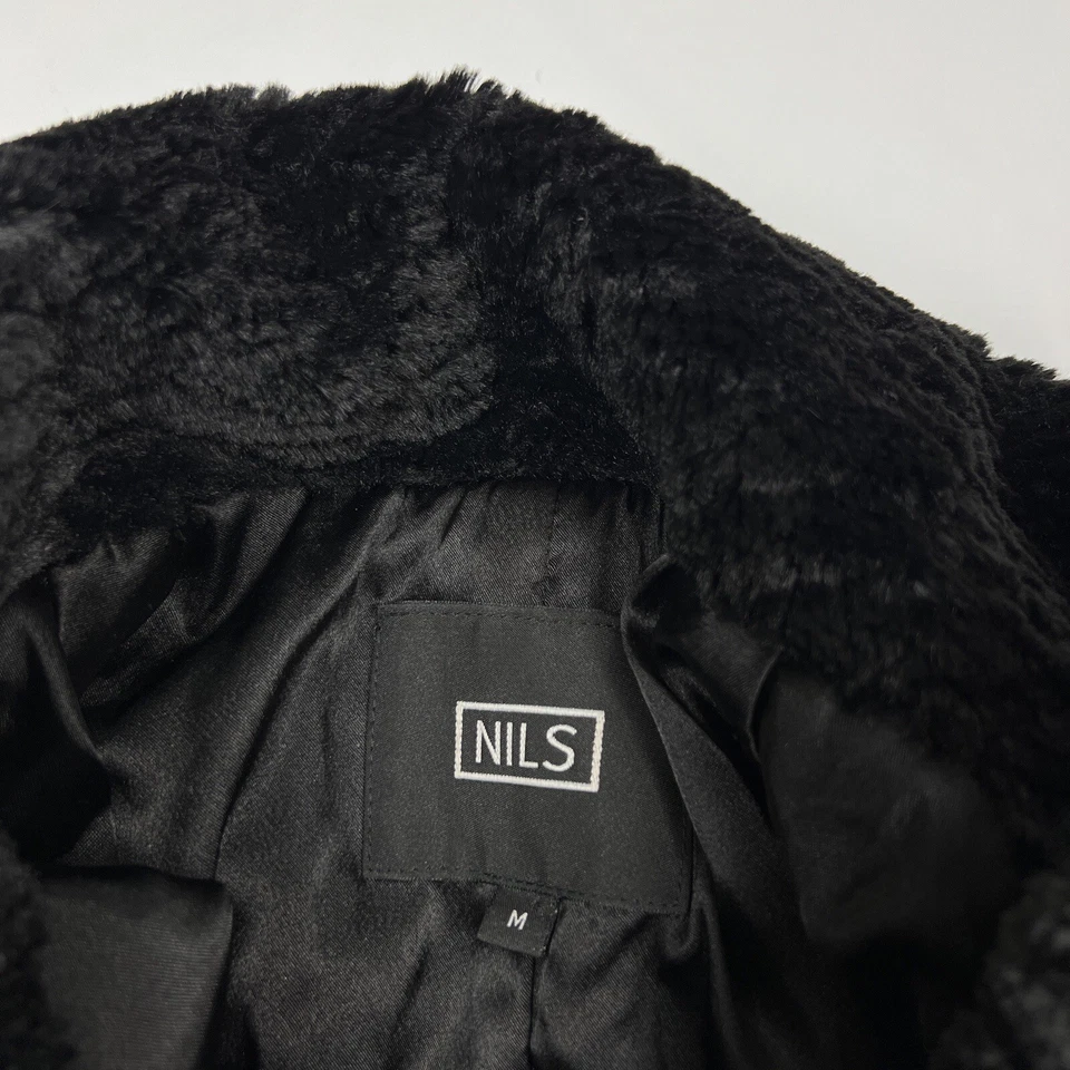 NILS 黑色人造毛皮垂褶披肩领全拉链夹克,尺寸 M — 第 3/4 张图片