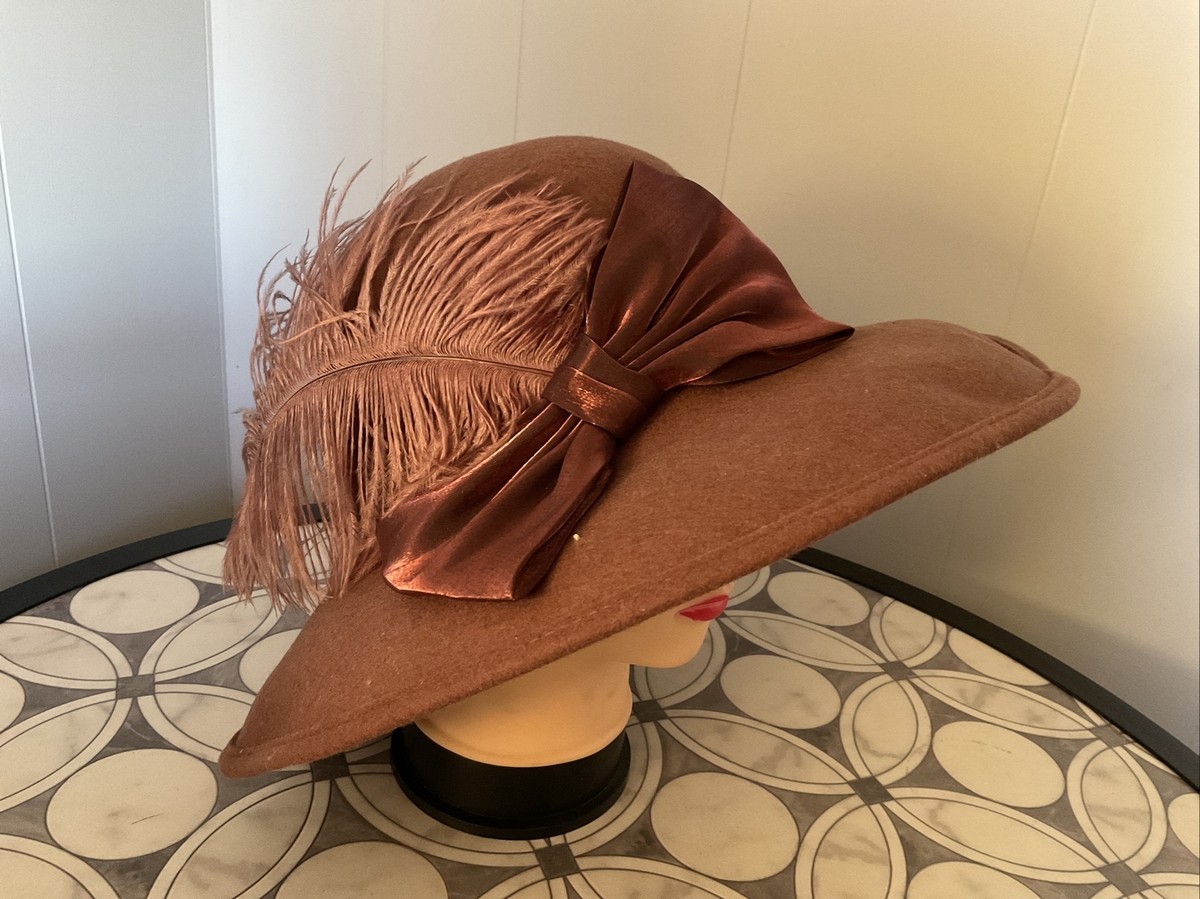 Toucan Collection New York Elegant Black and Tan Feathered Women\'s Hat Satin Velvet Drape Wool Felt Hat - Made to Order – Village  main image 3