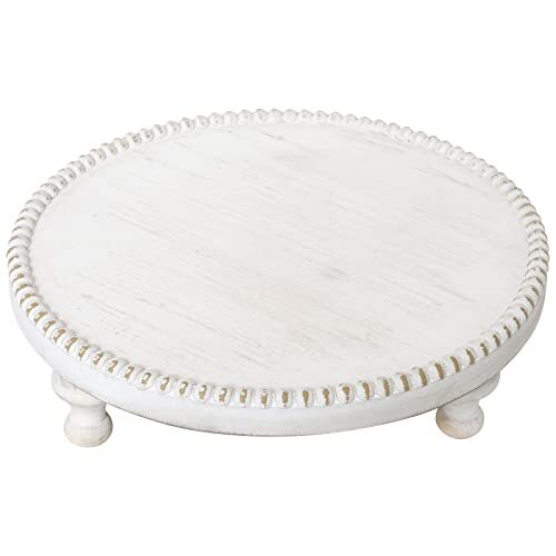 Rustic White Round Wood Tray Riser Farmhouse Pedestal Stand With Beaded Edge For - Picture 3 of 6