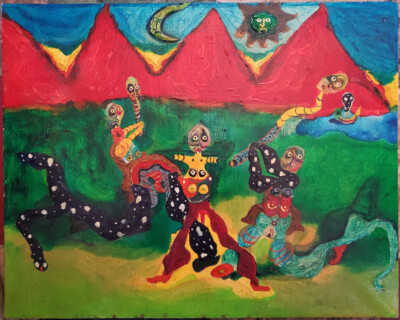 Vtg Greg Brown '73 Surrealist Outsider Art Encaustic Painting Abstract Primitive