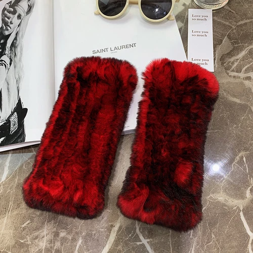 Womens Winter Real Rabbit Fur Gloves Knitted Stretch Fingerless Mitten Gloves - Picture 71 of 102