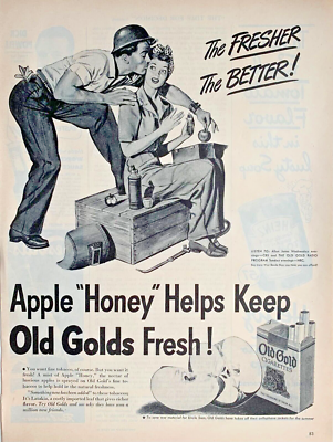 1944 Old Gold Cigarettes Print Ad Work Lunch Man Sneaks Kiss Apple Woman  Welder