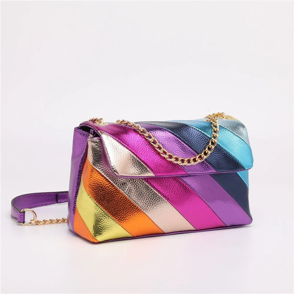 Rainbow Stitching Synthetic Handbag Metallic Chain Strap Crossbody
