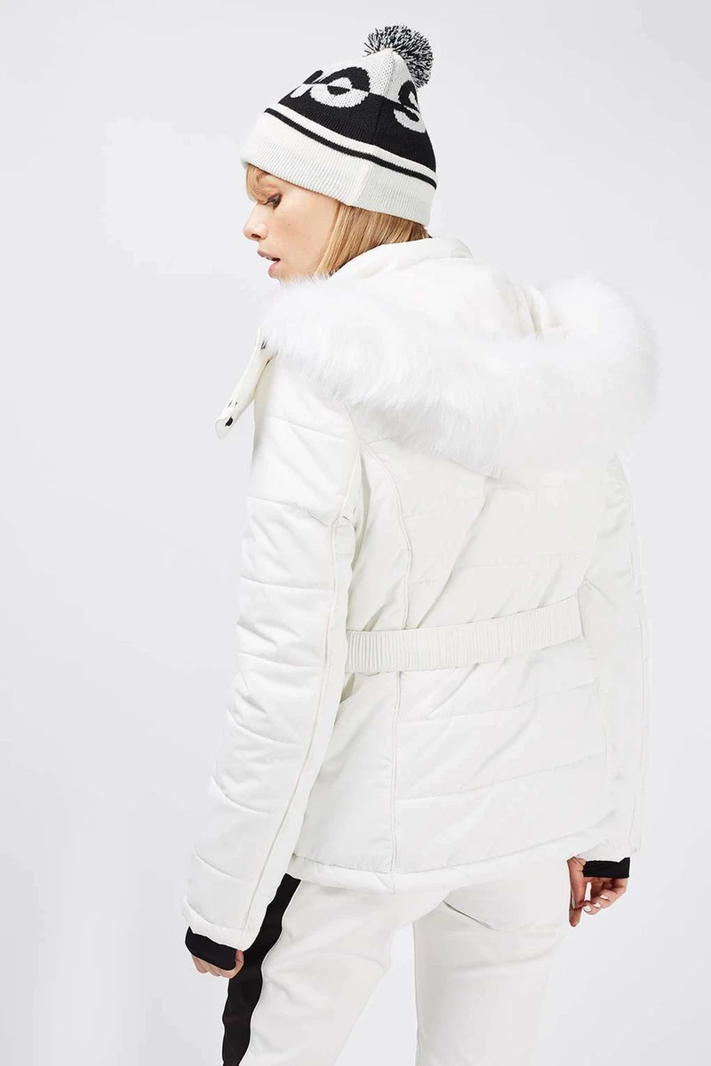 Topshop White Ski jacket Fur Hood UK 10 14 16