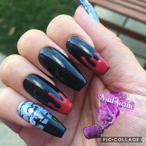 Hand Painted Halloween Gothic Black And Red Press On False Nails Long Coffin Ebay