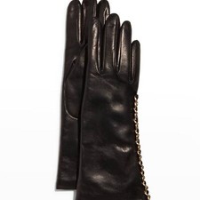 Portolano Black Leather Gloves w/ Gold Chain Trim, Size 7, NWT 