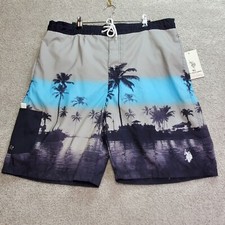 U.S Polo ASSN Swim Trunks Men's 2XL Blue Gray Beach Palm Trees Surf Board Shorts