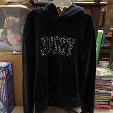 Juicy Couture Black hoodie gold rhinestone studding front logo Girls Size 12