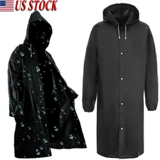 Men Black Waterproof Long Raincoat Rain Coat Hooded Trench Jacket Outdoor Hiking