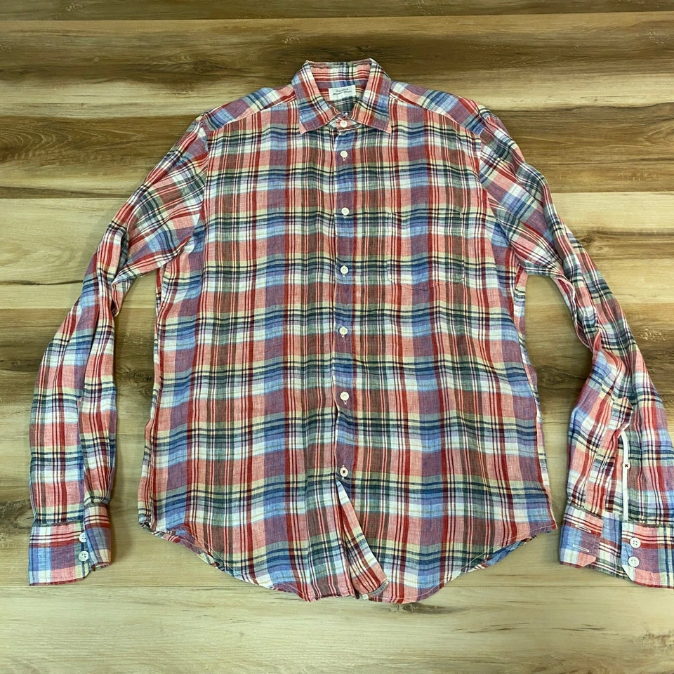 Camisa Hartford de lino a cuadros para hombre mediana con botones roja azul informal manga larga Foto 2 de 4