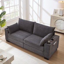 Modern Gray Corduroy 3-Seat Couch w/ USB, Cup Holders  Pockets