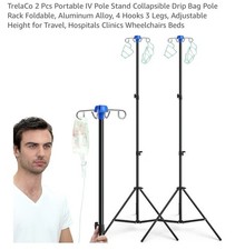 2PCS Portable IV Pole Stand Foldable Adjustable 4 Hooks 3 Legs Aluminum Travel