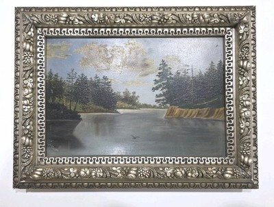 19th C. Oil Painting Forest River Landscape Antique Gesso Silver Leaf Frame 