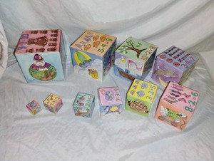 Vintage 1987 Decoupage Stacking Blocks Lillian Vernon Art Baby Kid Nursery 