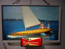 1957 Vtg Budweiser Lighted Beer Sign Pinup Girl Wood Sailboat Boating Sailing
