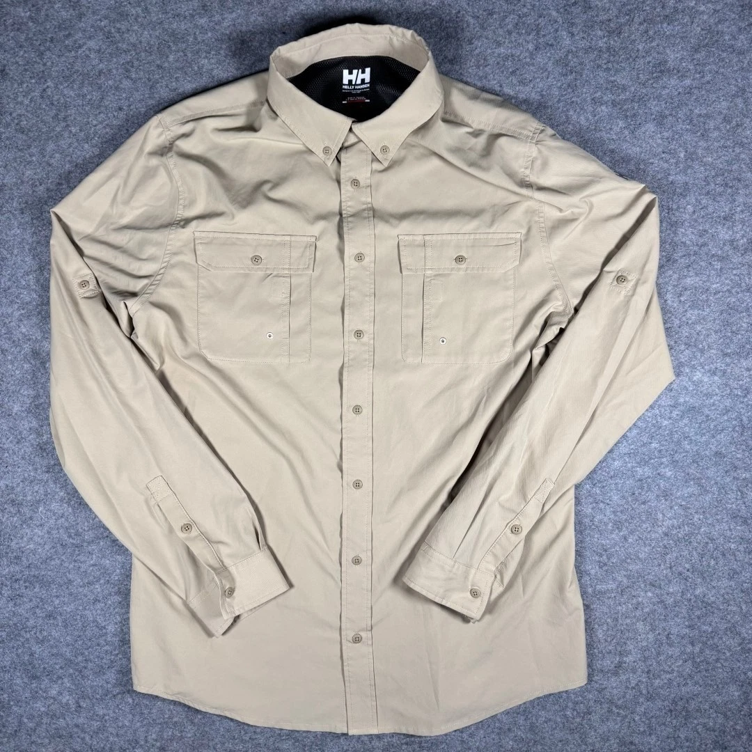 Helly Hansen Outdoor Performance Button Down Long Sleeve Beige Shirt Size Large