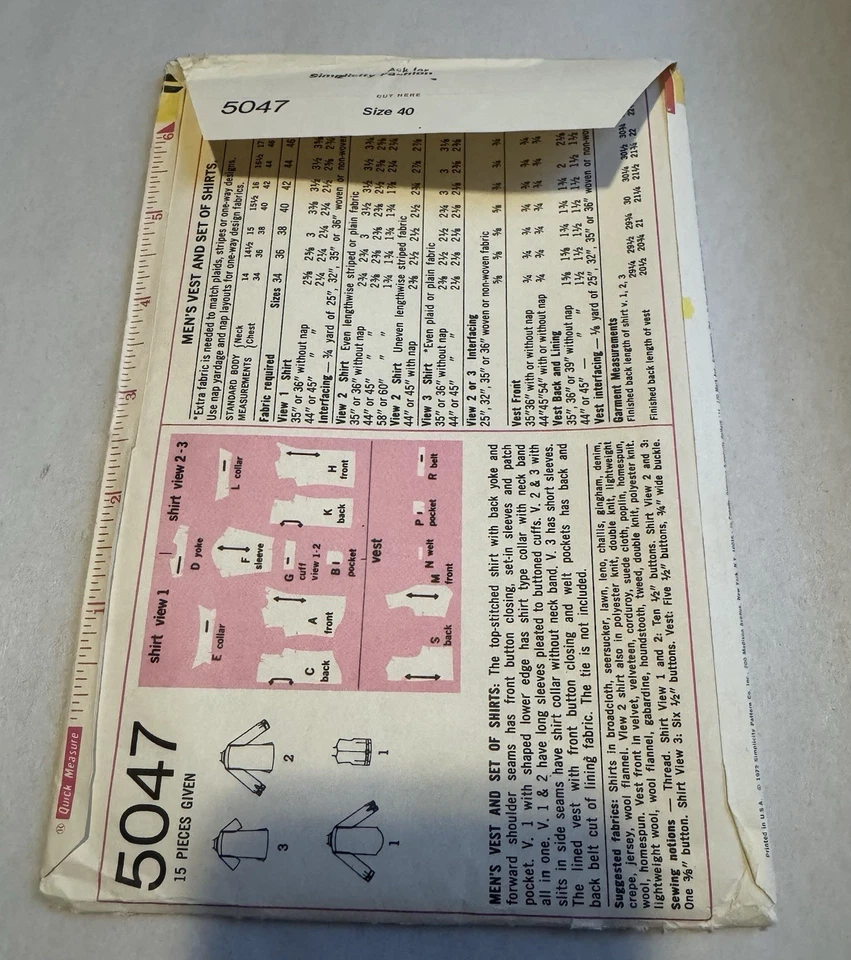 Vintage Simplicity Pattern 5047 Men’s Vest And Set Of Shirts Size 40 New Uncut - Image 3 of 4