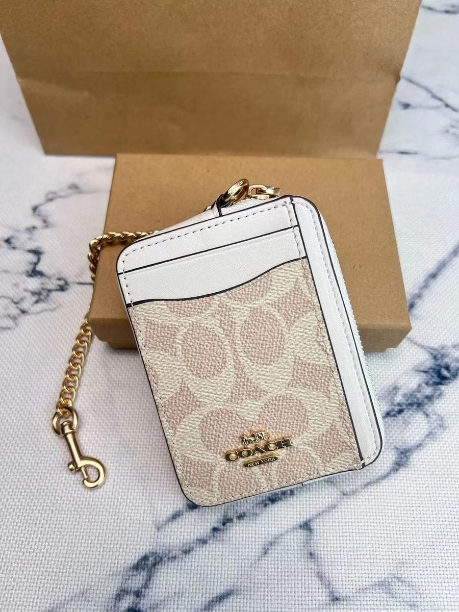 NWT Coach Zip Card Case Wallet In Signature Canvas Sand Chalk