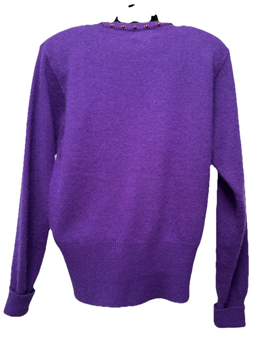 VTG YARN WORKS Lambswool Angora Sweater Women’s M Royal Purple Beads Accent View 3