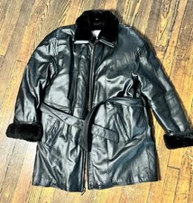 Wilsons Leather Jacket Womens Med Black Belted Trench Thinsulate Coat Y2K Fur