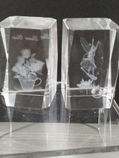 2- 3D Laser Etched 50mm Cube Crystal Glass Paperweights