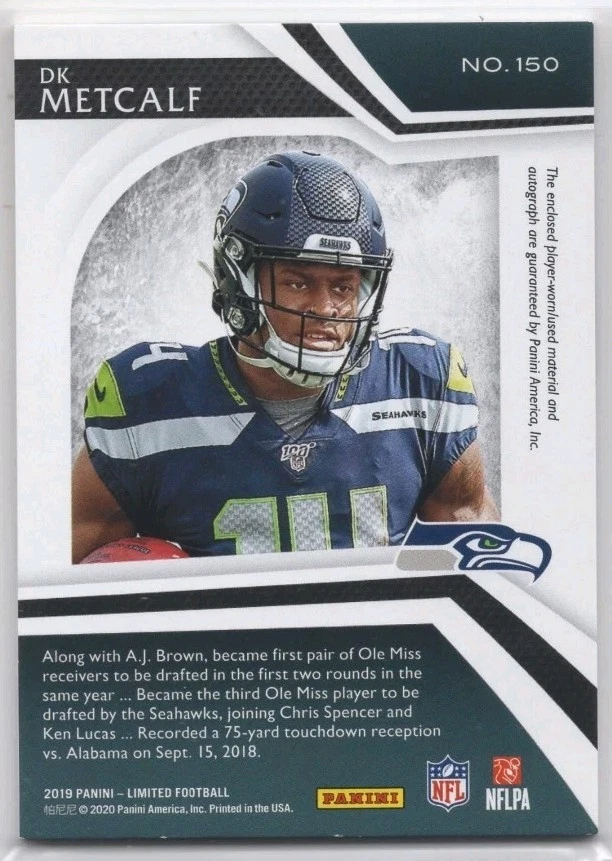 2019 Limited Dk Metcalf RC ROOKIE PATCH AUTO RPA Serial /149 Seahawks Steelers - Image 2 of 2