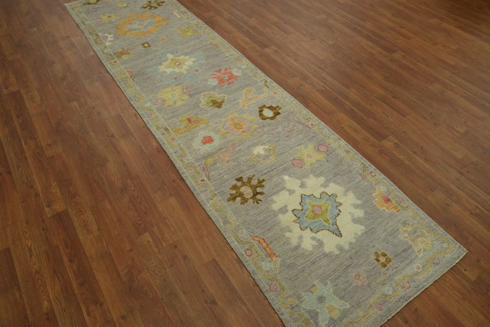 Transitional Oushak Turkish Runner Rug 3x10 Handmade Vegetable Dye Gray Carpet - Image 4 of 4