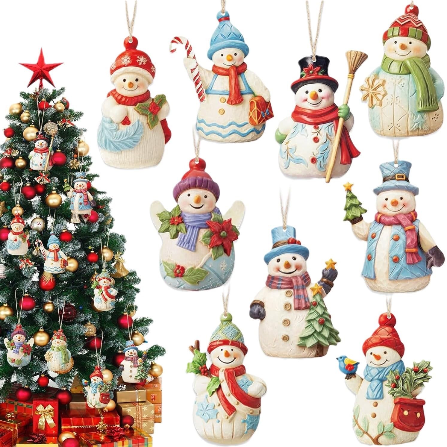 18 Pcs Snowman Christmas Tree Ornaments Set, Wooden Snowman Ornaments Decoration