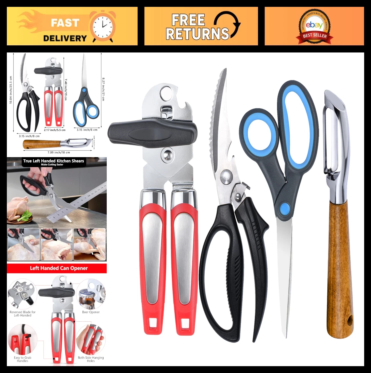 Left-Handed Kitchen Scissors Set - Poultry Shears, Can Opener & Peeler - 4-in-1