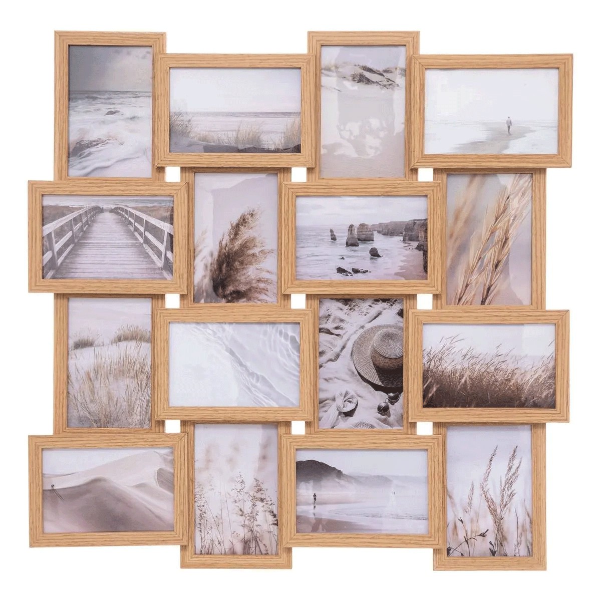 Pêle-mêle 16 photos mural bois beige 58cm cadre photo multiple salon