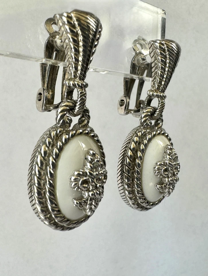 Pendientes Judith Ripka Blanco Ágata Ovalados Flor De Lis 925SS Dandle Gota Clip-On Foto 4 de 4