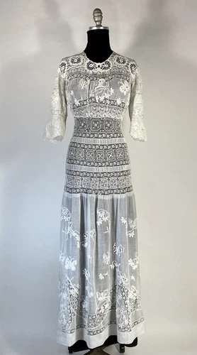 Antique late Victorian-Edwardian intricate pieced lace sheer wedding gown dress