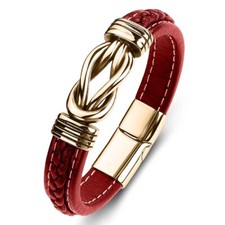 Mens Leather Braided Silver Bracelet Wristband Stainless Steel Clasp Jewellery