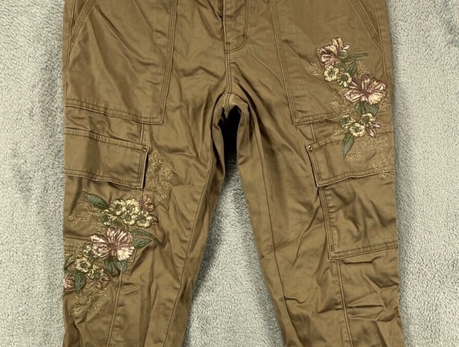 Pantalones de mezclilla cargo ajustados White House Black Market para mujer 4 marrón floral tobillo cremallera 30x27 Foto 3 de 4